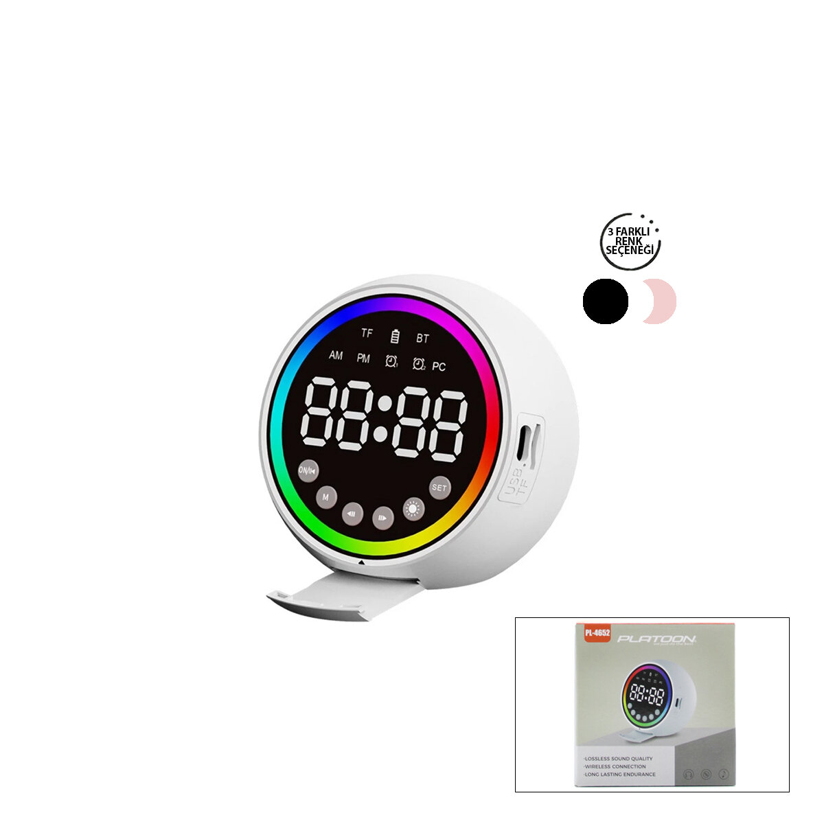 Dijital Çalar Saat - Bluetooth Özellikli Mini Hoparlör - USB Şarjlı - Işıklı