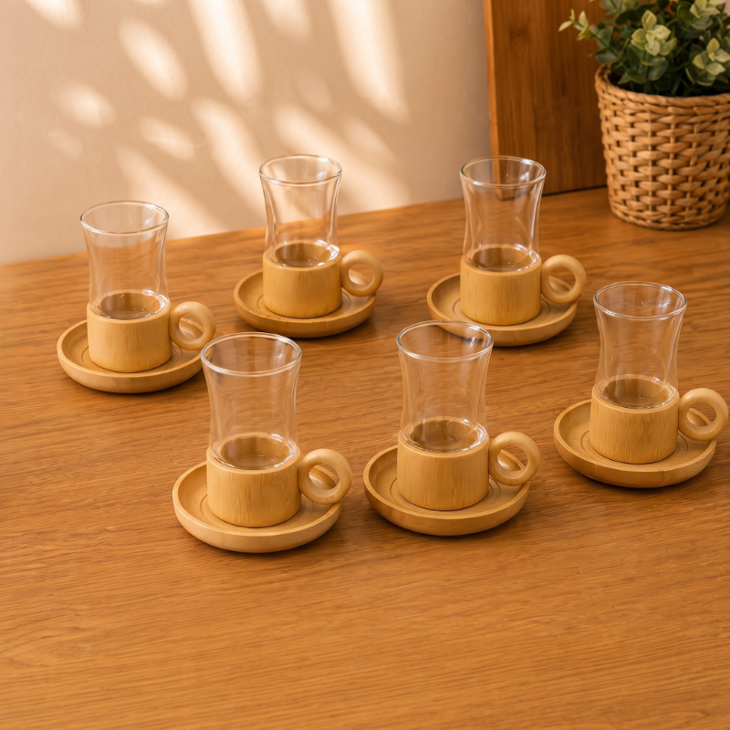 12 Parça Çay Seti - Bambu Bardak Altığı - Çift Cidarlı Cam - 150 ml