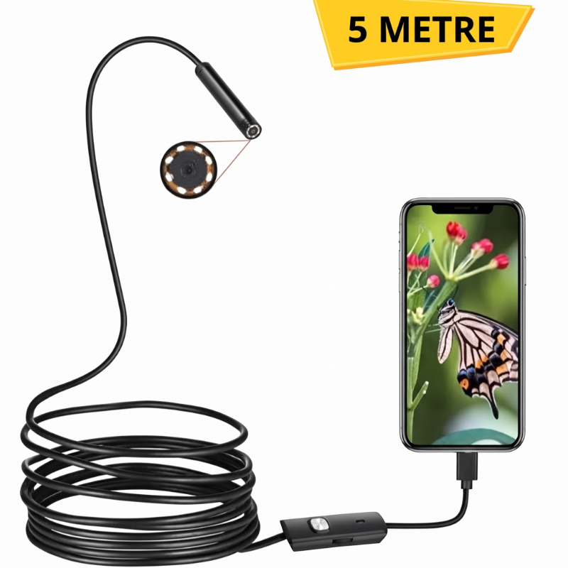 5 Metre Yılan Kamera - LED Işıklı - IP67 Su Geçirmez - 3 Farklı Başlıklı